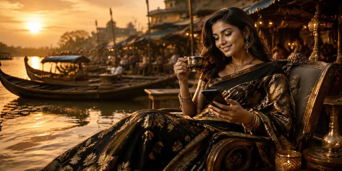 বগুড়ায় শাড়ি পরিহিত নারীর মোবাইল ক্যাসিনো ব্যবহারের দৃশ্য